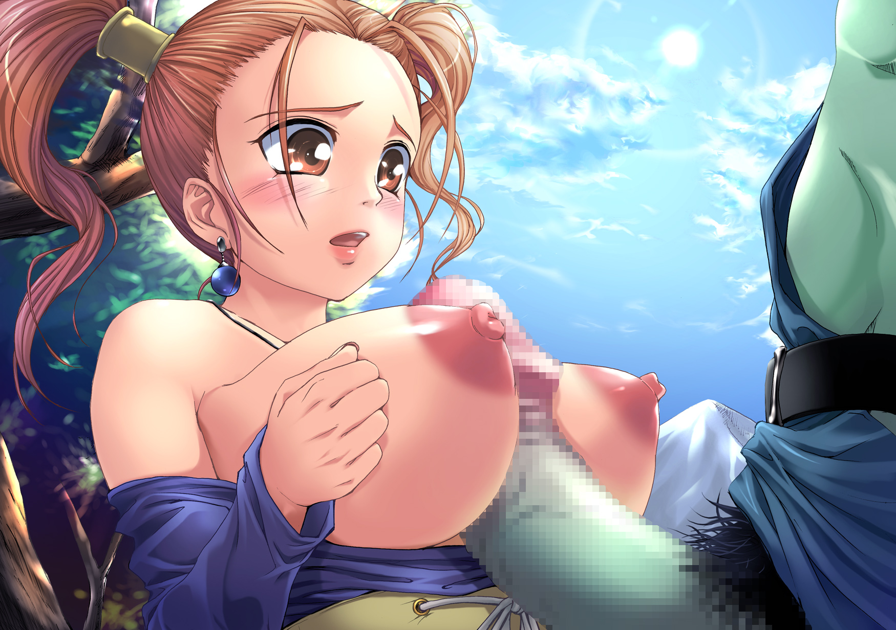 shinozuka jouji, jessica albert, dragon quest, dragon quest viii, square enix, highres, 1girl, breasts, censored, dress, large breasts, paizuri, penis, purple shirt, shirt, solo focus, strapless, strapless dress, topless female, twintails