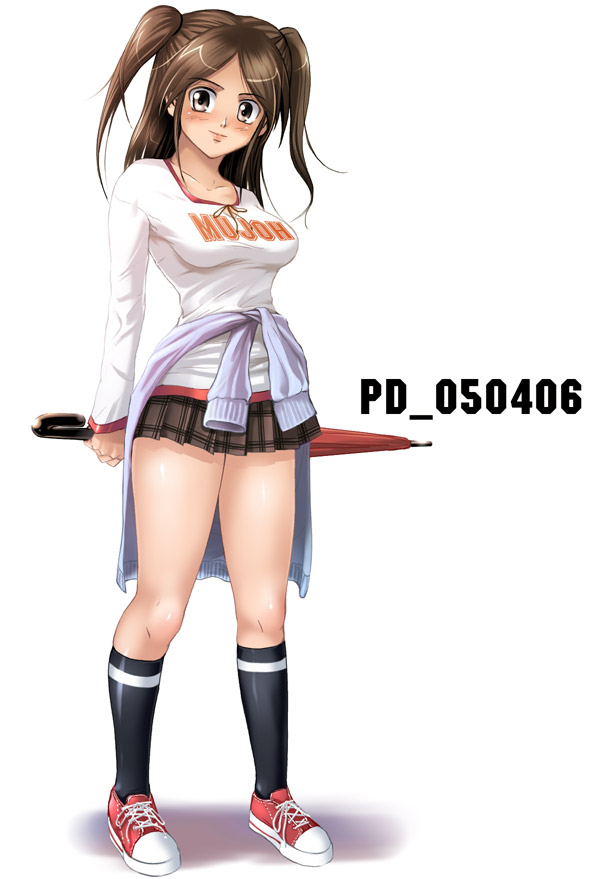 shinozuka jouji, tagme, 1girl, brown hair, female focus, purple eyes, solo, umbrella