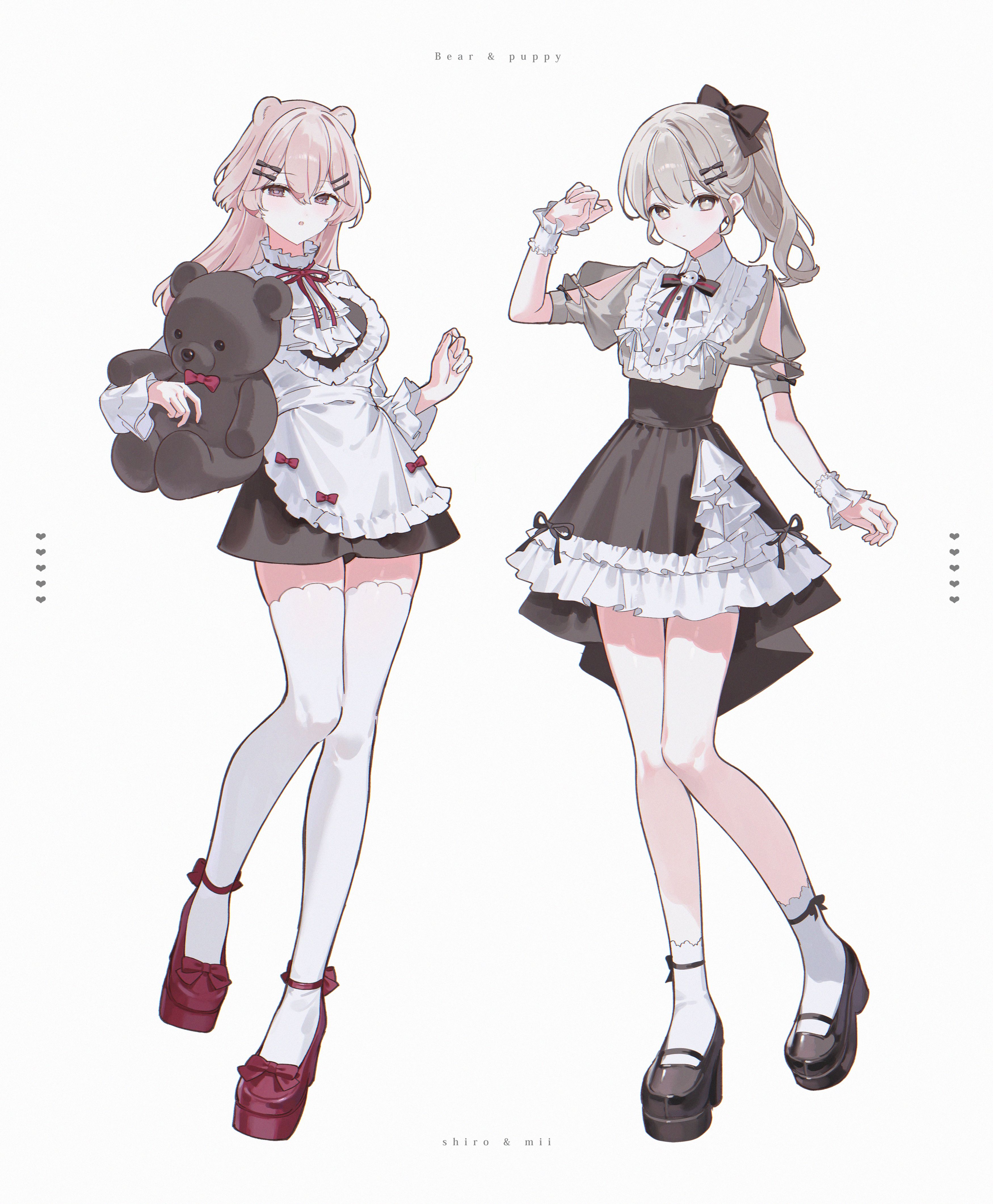 guma (teddybear oxo), original, absurdres, commentary, highres, symbol-only commentary, 2girls, animal ears, apron, bear ears, black dress, black shoes, black skirt, bow, brown bow, closed mouth, collared shirt, dress, frilled apron, frilled skirt, frills, full body, grey eyes, grey hair, hair bow, hair ornament, hairclip, hand up, holding, holding stuffed toy, long hair, looking at viewer, multiple girls, open mouth, parallel hairclips, pink eyes, pink hair, ponytail, red shoes, shirt, shoes, short dress, short sleeves, simple background, skirt, socks, standing, stuffed animal, stuffed toy, teddy bear, thighhighs, white apron, white background, white shirt, white socks, white thighhighs, zettai ryouiki