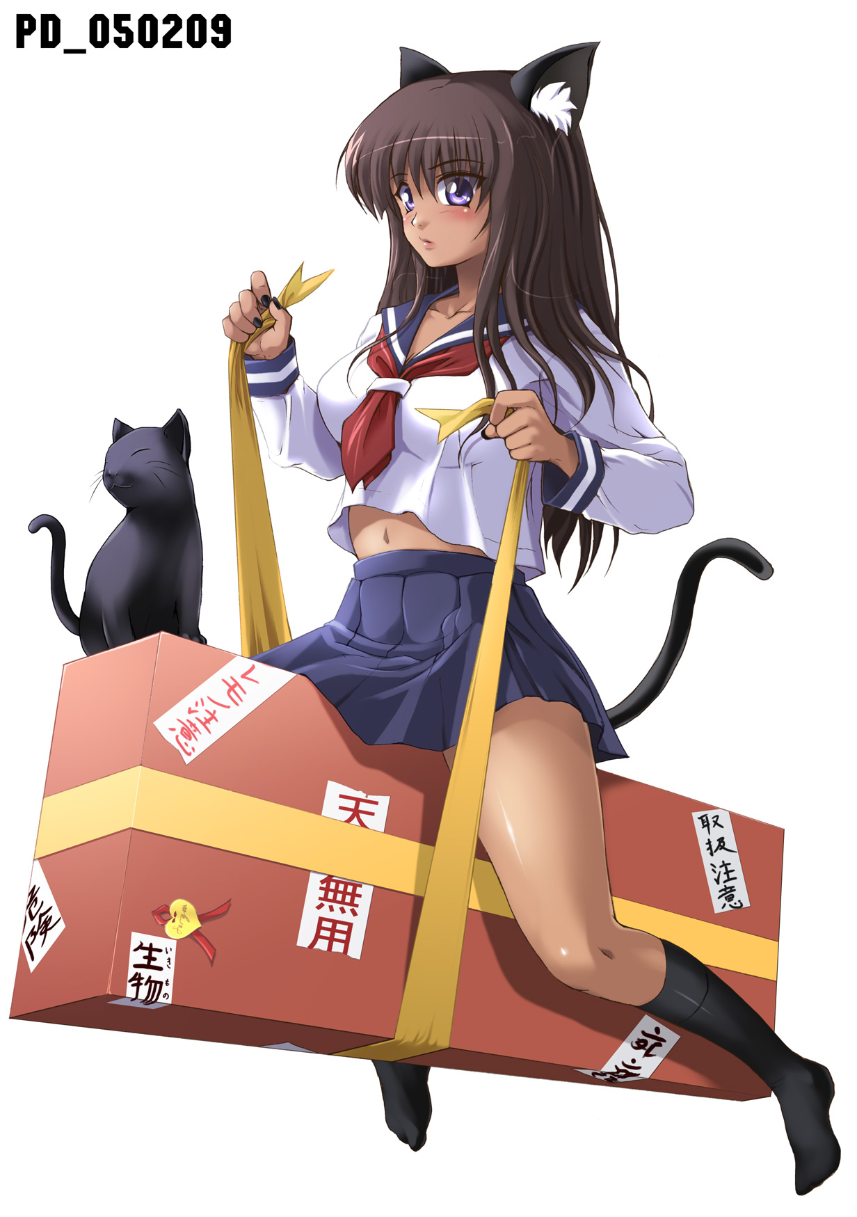 shinozuka jouji, highres, animal ears, black hair, cat, cat ears, cat tail, dark-skinned female, dark skin, purple eyes, school uniform, serafuku, socks, solo, straddling, tail