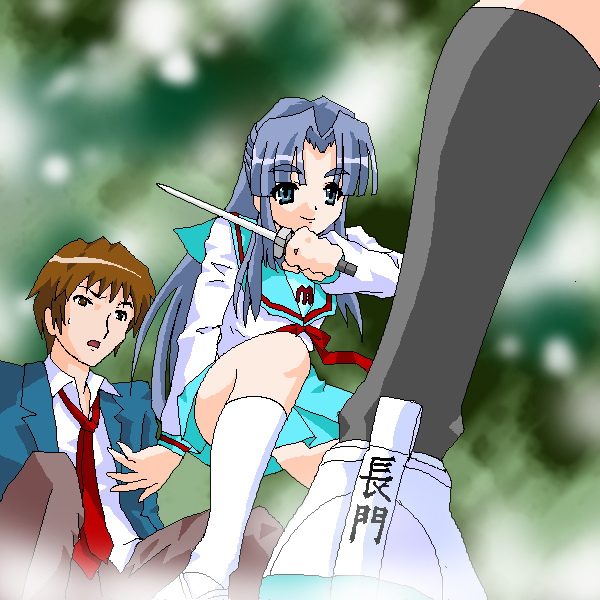kou-oboro, asakura ryoko, kyon, suzumiya haruhi no yuuutsu, bad id, bad pixiv id, 00s, 1boy, 1girl, battle, black socks, blazer, blue eyes, blue hair, blue skirt, dagger, jacket, kneehighs, knife, long hair, long sleeves, necktie, open clothes, open jacket, pants, red necktie, shirt, shoes, skirt, sneakers, socks, standing, very long hair, weapon, white shirt