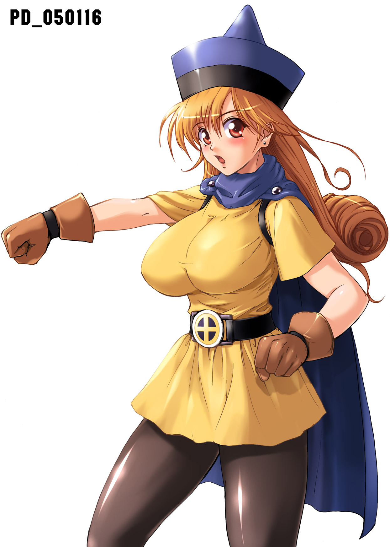 shinozuka jouji, alena (dq4), chunsoft, dragon quest, dragon quest iv, enix, highres, 1girl, black pantyhose, blush, breasts, cape, female focus, gloves, hat, huge breasts, leggings, pantyhose, red eyes, red hair, skirt, solo, thighs, yellow skirt