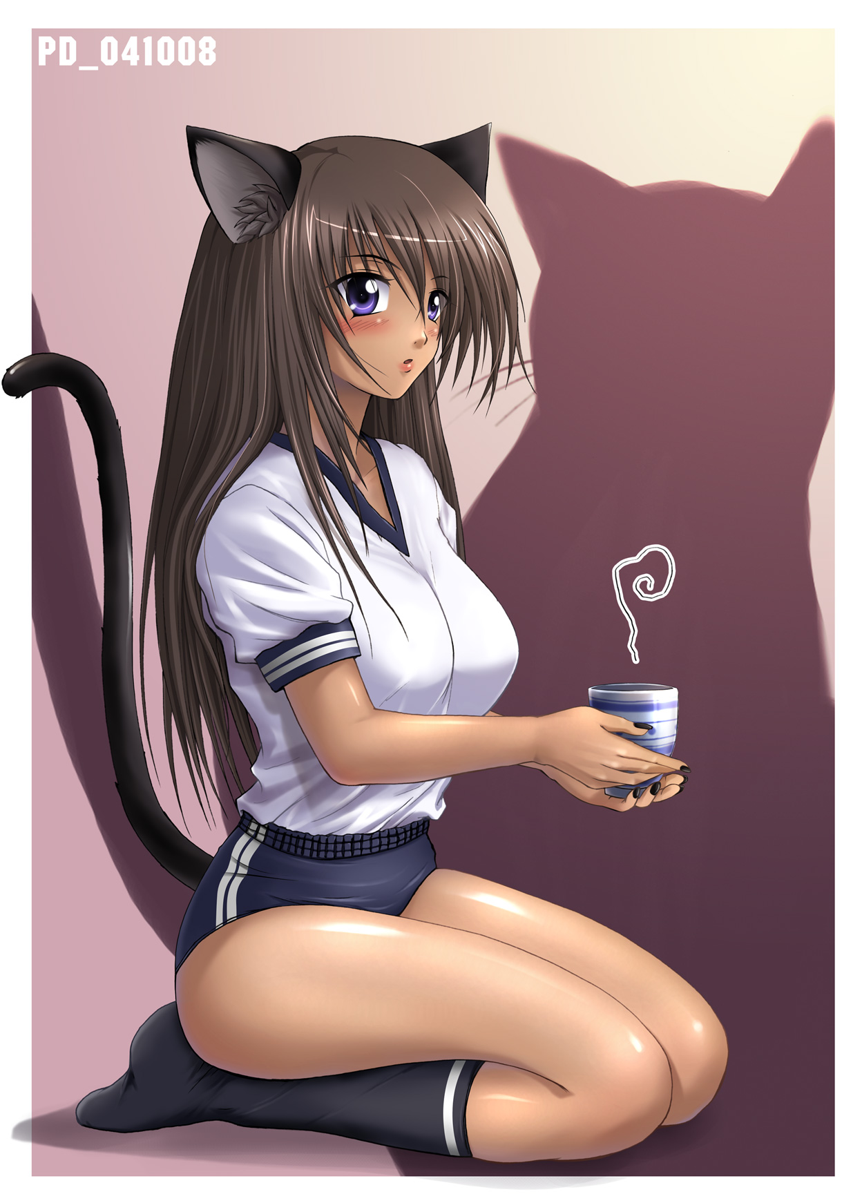 shinozuka jouji, highres, animal ears, black hair, buruma, cat ears, cat tail, dark-skinned female, dark skin, double vertical stripe, gym uniform, kneeling, purple eyes, sitting, socks, solo, tail