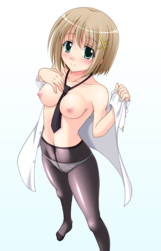 narutaki shin, yagami hayate, lyrical nanoha, mahou shoujo lyrical nanoha, mahou shoujo lyrical nanoha strikers, 00s, 1girl, between breasts, breasts, brown hair, crotch seam, female focus, hair ornament, necktie, nipples, panties, panties under pantyhose, pantyhose, short hair, solo, underwear, x hair ornament