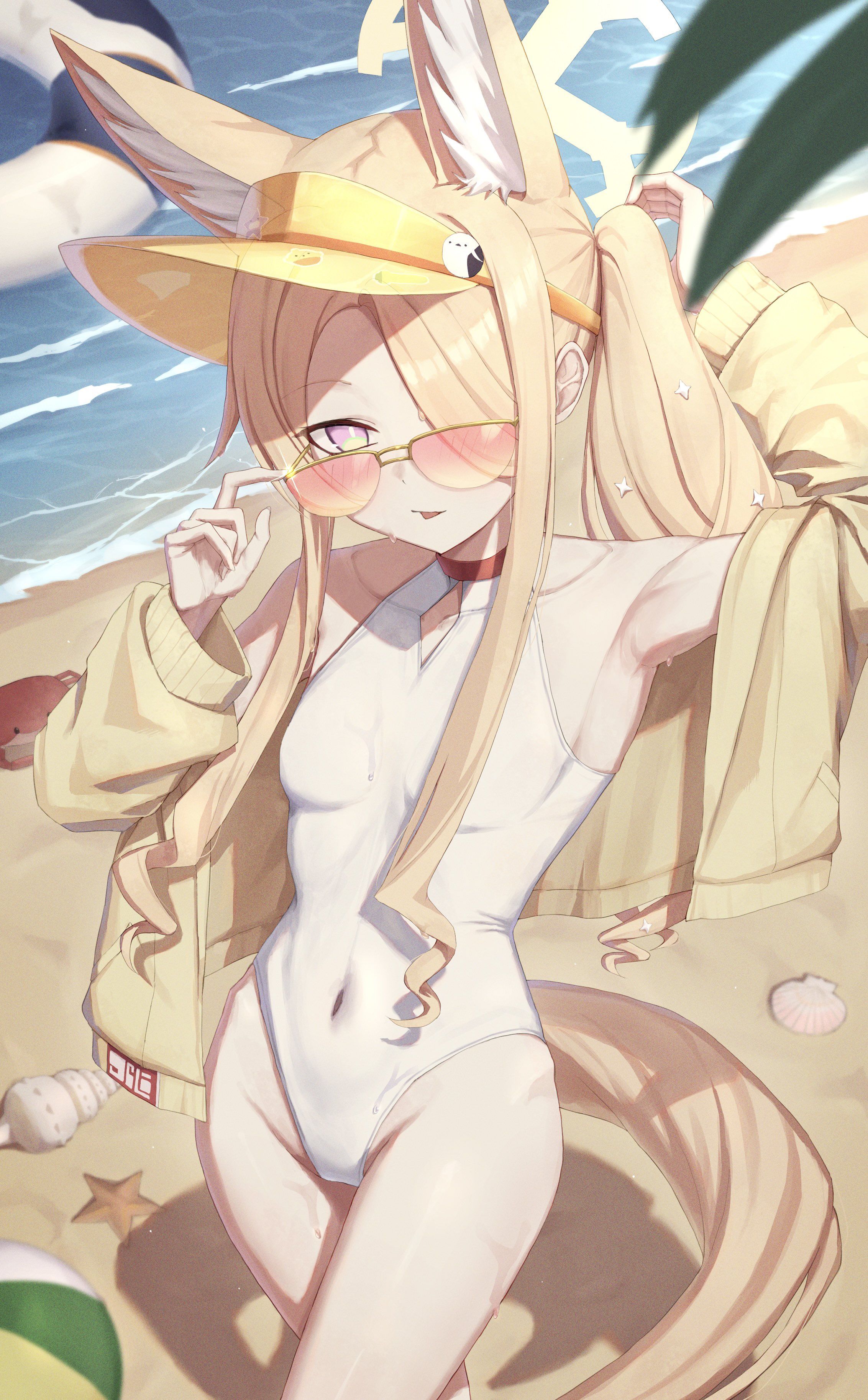 huran tea, seia (blue archive), seia (swimsuit) (blue archive), blue archive, absurdres, commentary, highres, 1girl, above-cleavage cutout, animal ear fluff, animal ears, beach, blonde hair, breasts, clothing cutout, covered navel, cross halo, fox ears, fox girl, hair ornament, halo, highleg, highleg one-piece swimsuit, jacket, long hair, looking at viewer, official alternate costume, one-piece swimsuit, orange-tinted eyewear, parted lips, side ponytail, small breasts, solo, sunglasses, sweat, swimsuit, tail, tinted eyewear, visor cap, white one-piece swimsuit, yellow halo, yellow jacket, yellow visor