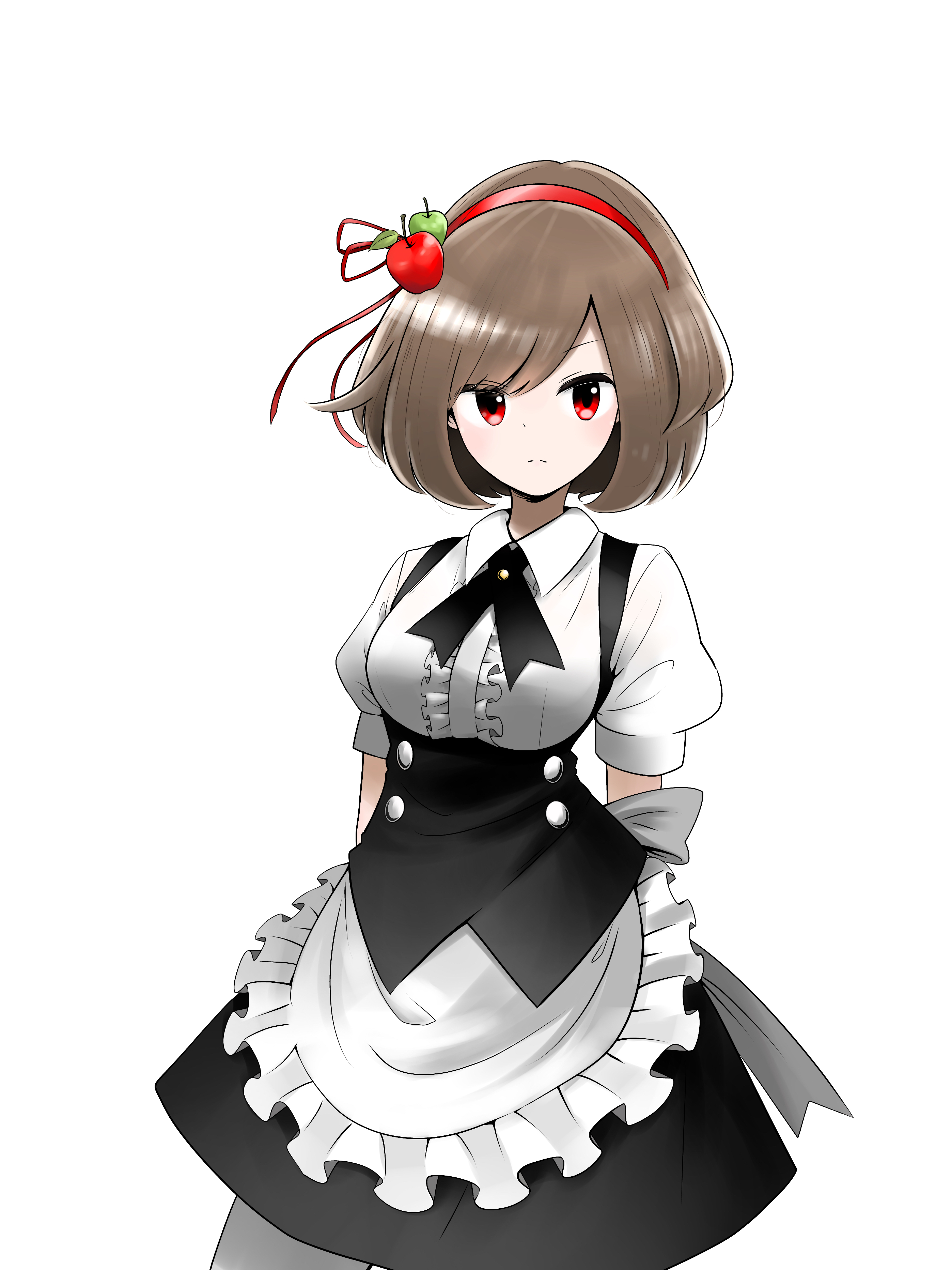 glassy0302, original, absurdres, commentary request, highres, 1girl, apple hair ornament, apron, back bow, black skirt, bow, breasts, brown hair, buttons, center frills, closed mouth, collared shirt, cowboy shot, cross tie, double-breasted, food-themed hair ornament, frilled apron, frills, frown, hair ornament, hair ribbon, hairband, looking at viewer, maid, medium breasts, puffy short sleeves, puffy sleeves, red eyes, red hairband, red ribbon, ribbon, shirt, short hair, short sleeves, simple background, skirt, solo, standing, swept bangs, underbust, waist apron, white apron, white background, white shirt