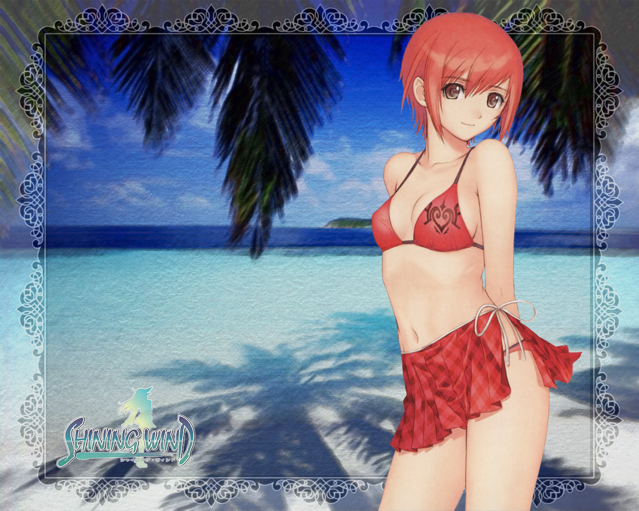 tony taka, seena kanon, sega, shining (series), shining wind, 1girl, beach, bikini, breasts, brown eyes, cleavage, collarbone, day, female focus, medium breasts, navel, ocean, outdoors, red bikini, red hair, sarong, short hair, solo, string bikini, striped clothes, striped sarong, swimsuit, thighs