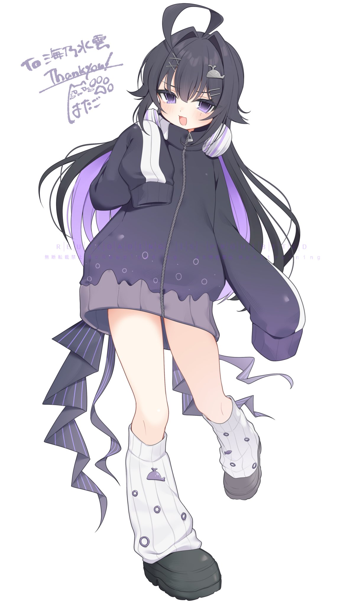 sentouryoku 5, original, commission, highres, skeb commission, 1girl, ahoge, black hair, black shoes, colored inner hair, fang, full body, hair intakes, hair ornament, headphones, headphones around neck, jacket, leg warmers, long hair, looking at viewer, loose socks, multicolored hair, open mouth, purple eyes, purple hair, shoes, simple background, sleeves past fingers, sleeves past wrists, smile, socks, solo, standing, two-tone hair, virtual youtuber, white background, x hair ornament