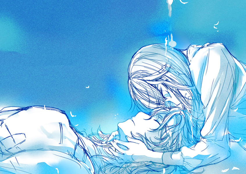 sucharaka honpo, lockon stratos, tieria erde, gundam, gundam 00, 00s, 2boys, blue theme, closed eyes, from side, gradient background, long sleeves, lying, male focus, monochrome, multiple boys, on stomach, short hair, sparkle, yaoi