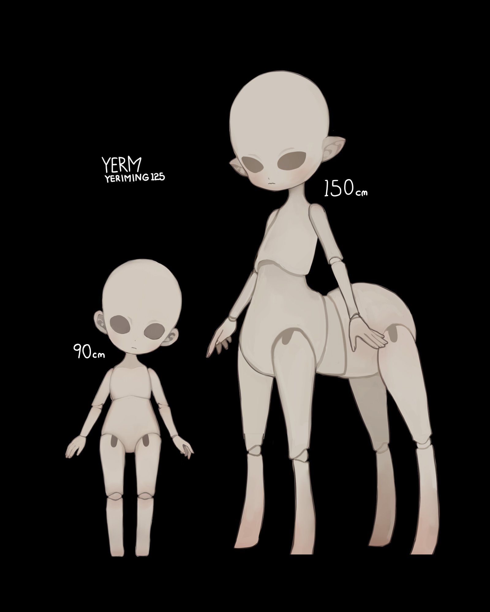 yerm, original, highres, 2others, artist name, black background, centauroid, closed mouth, doll, doll joints, eye socket, joints, multiple others, pointy ears, simple background, standing, taur