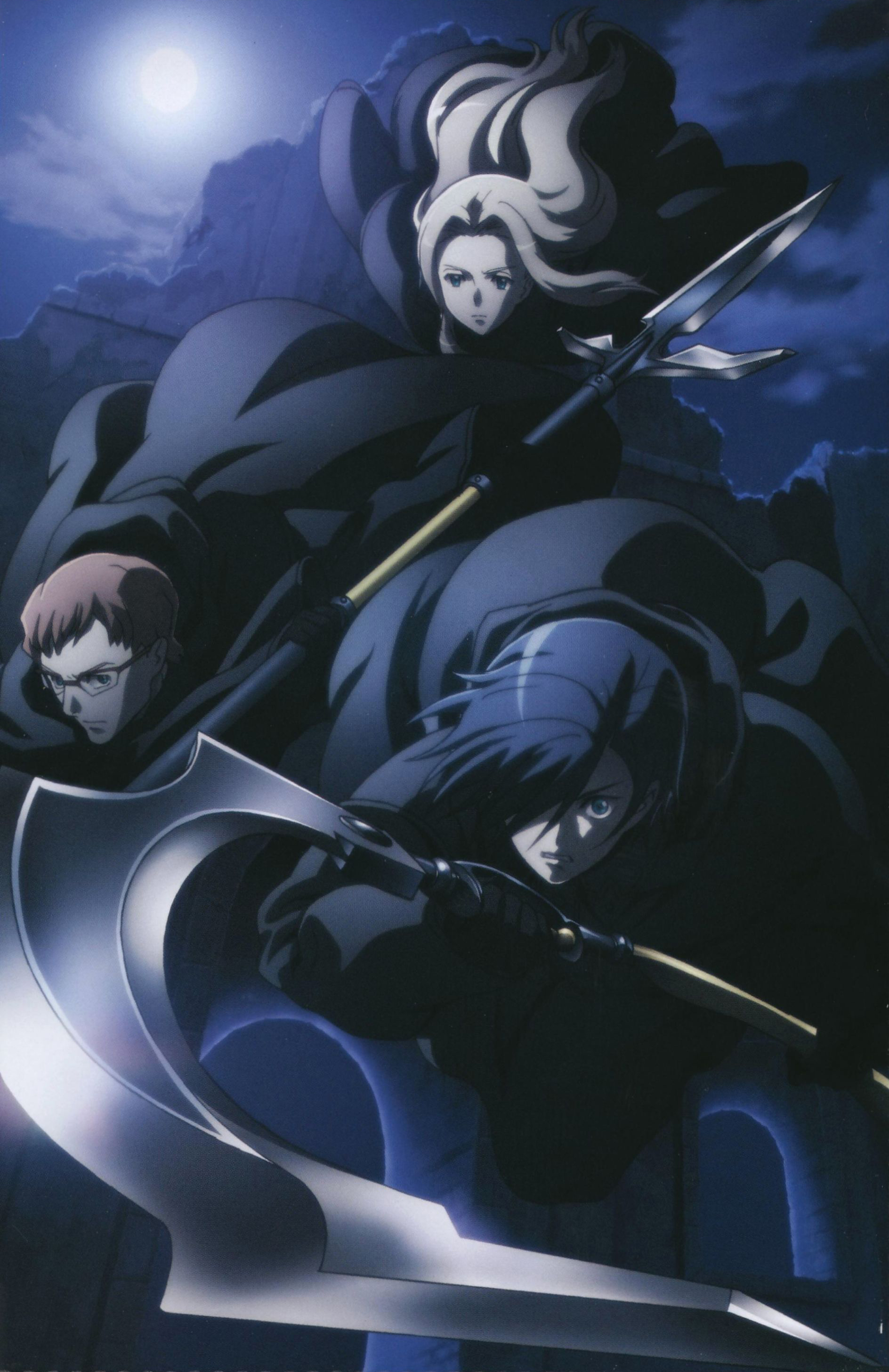 irene (blood+), karman, moses (blood+), schiff, blood+, absurdres, highres, scan, 00s, 1girl, 2boys, blonde hair, cloak, green eyes, multiple boys, pointy ears, polearm, scythe, spear, weapon