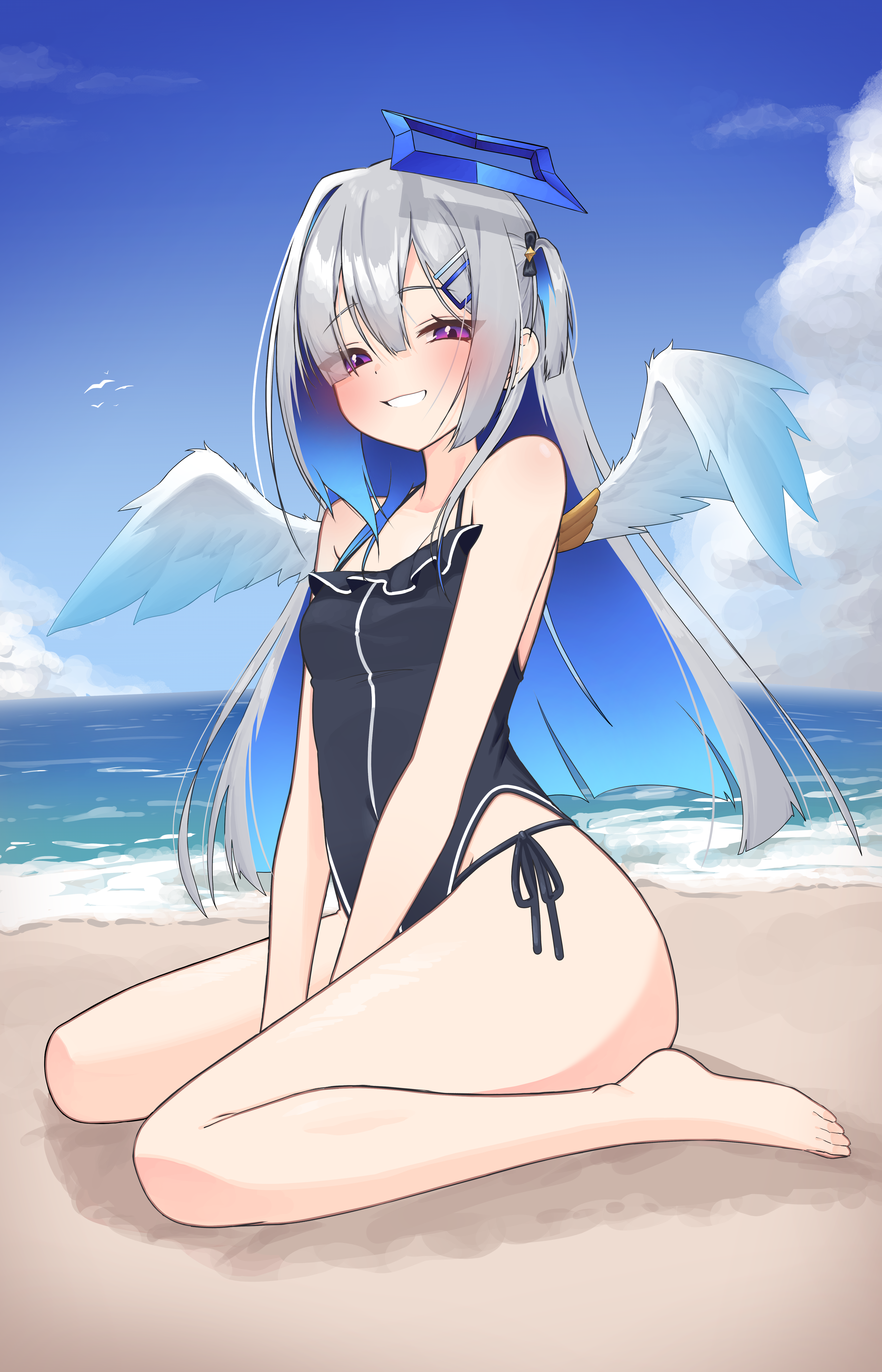 aqu, amane kanata, hololive, absurdres, highres, 1girl, angel, angel wings, barefoot, beach, bikini, blue hair, blush, cloud, colored inner hair, feathered wings, grey hair, hair ornament, halo, long hair, multicolored hair, outdoors, purple eyes, sand, short hair, side-tie bikini bottom, single hair intake, sitting, smile, solo, streaked hair, swimsuit, virtual youtuber, water, wings