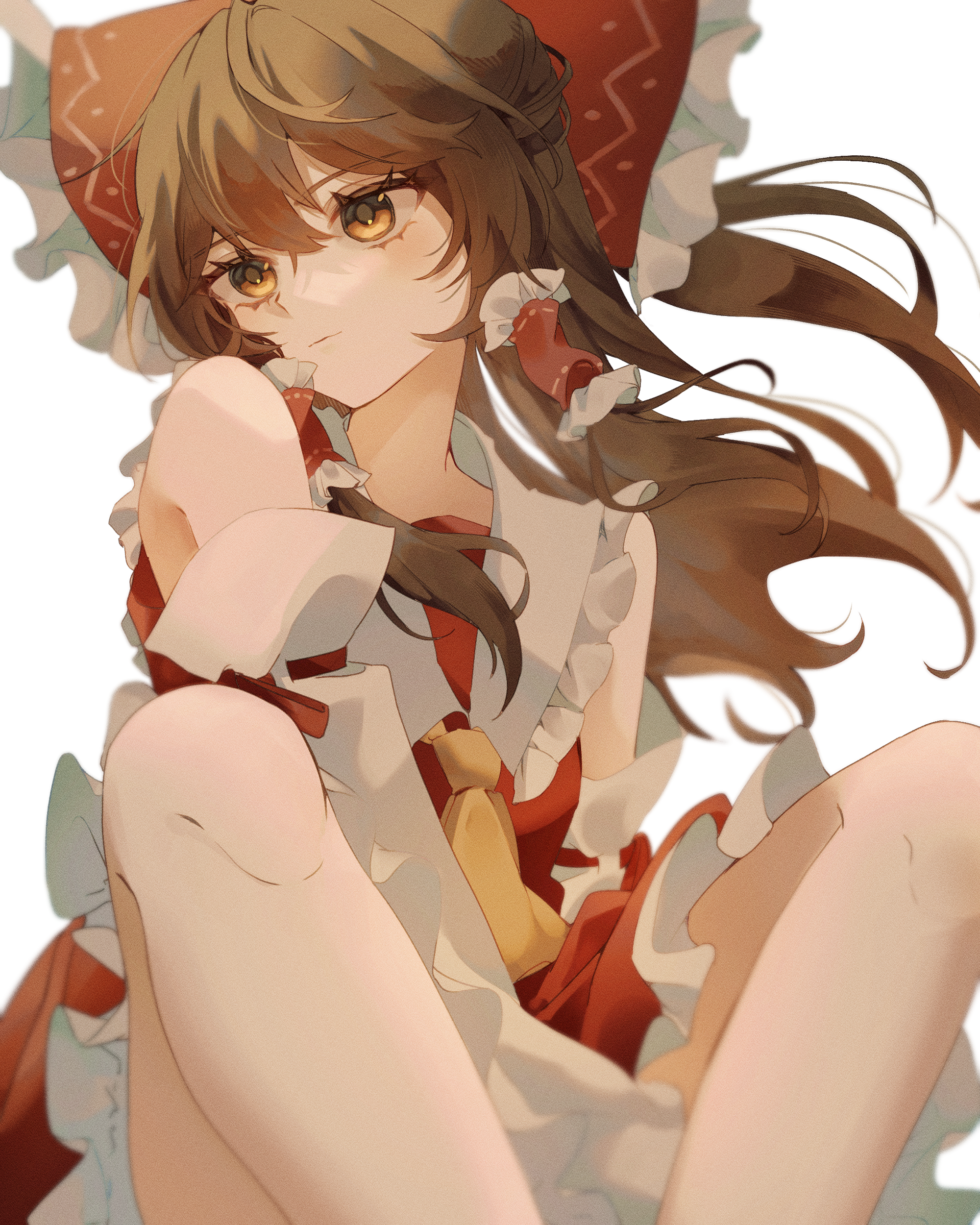 yoshino (q sci), hakurei reimu, touhou, absurdres, highres, 1girl, brown hair, closed mouth, collar, hair ribbon, long hair, red ribbon, red shirt, red skirt, ribbon, shirt, simple background, sitting, skirt, sleeveless, sleeveless shirt, solo, white background, white collar, yellow eyes