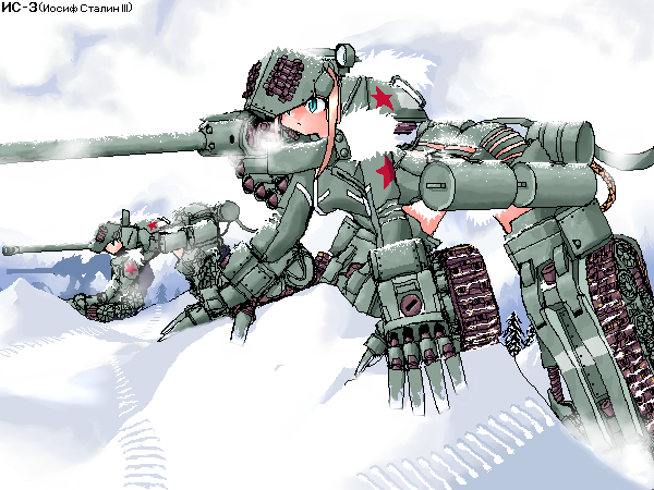 yone88, yonezuka ryou, is-3, original, vehicle, 1girl, caterpillar tracks, female focus, js-3, mecha musume, military, military vehicle, motor vehicle, oekaki, outdoors, snow, solo, soviet, tank