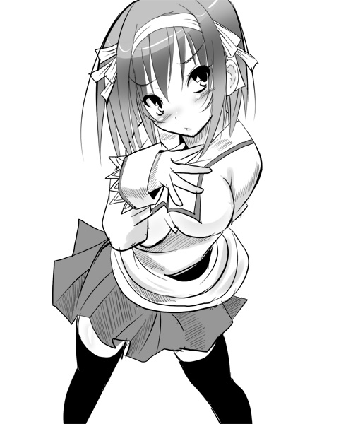 shiranagi, suzumiya haruhi, suzumiya haruhi no yuuutsu, 00s, 1girl, female focus, greyscale, monochrome, solo, thighhighs