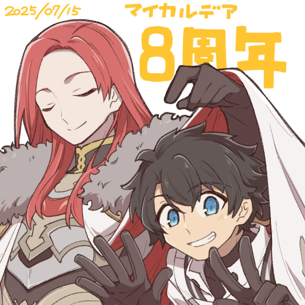 chiyo408, fujimaru ritsuka (male), fujimaru ritsuka (male) (decisive battle chaldea uniform), tristan (fate), fate/grand order, fate (series), commentary request, translation request, 2boys, androgynous, armor, black gloves, black hair, blue eyes, cape, closed eyes, closed mouth, elbow gloves, finger counting, fur-trimmed cape, fur trim, gloves, grin, long hair, male focus, multiple boys, red hair, short hair, sidelocks, simple background, smile, tristan (third ascension) (fate), u u, white background, white cape