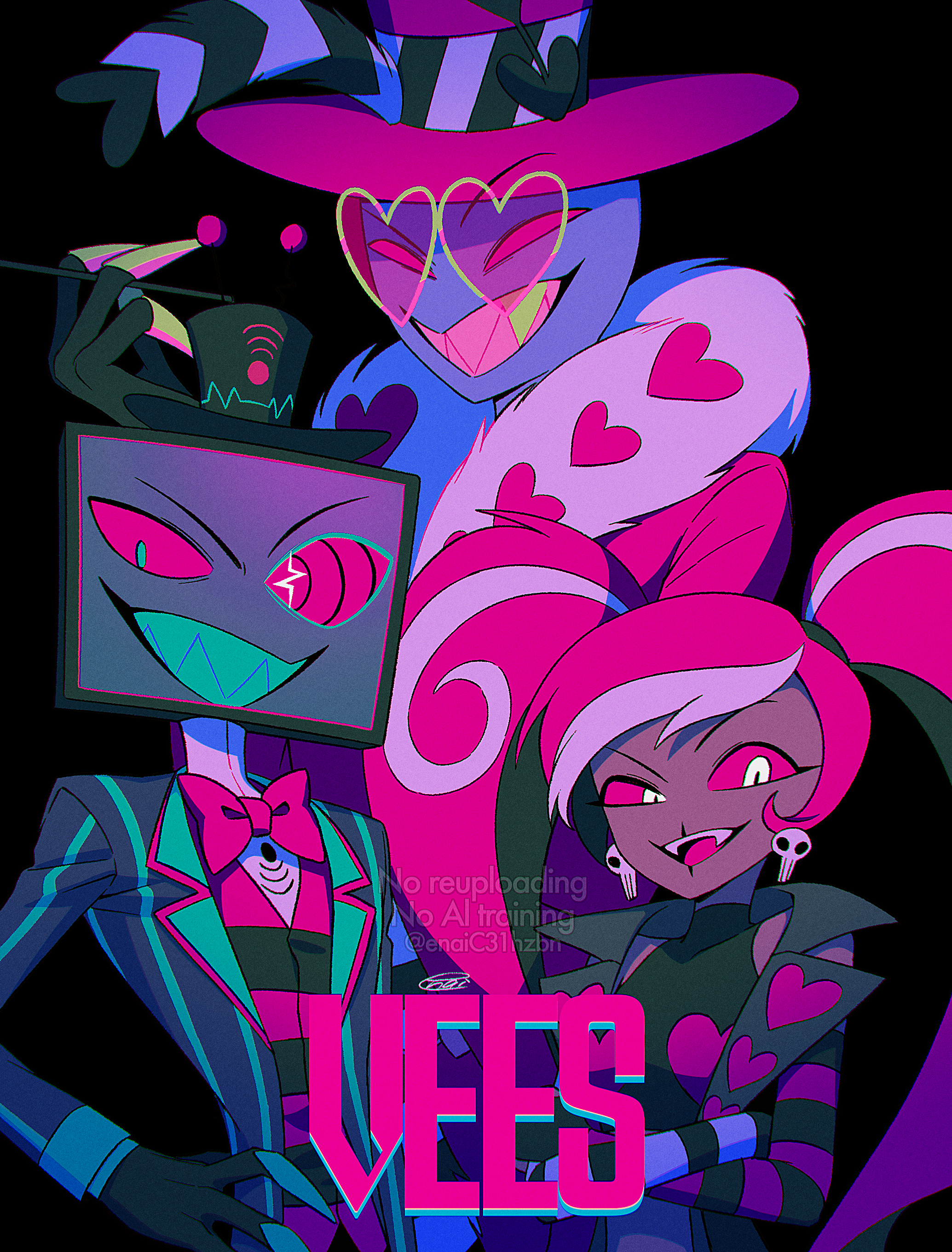 menma (enaic31), valentino (hazbin hotel), velvette (hazbin hotel), vox (hazbin hotel), hazbin hotel, hellaverse, absurdres, highres, 1girl, 2boys, :d, aqua coat, aqua eyes, asymmetrical gloves, bald, bare shoulders, black background, black coat, black gloves, black hair, black hat, black shirt, black vest, blue teeth, bow, bowtie, breasts, chromatic aberration, coat, colored sclera, colored skin, colored teeth, crossed arms, dark-skinned female, dark skin, earrings, elbow gloves, fangs, fewer digits, film grain, gloves, grin, hand on own hip, hat, hat feather, heart, heart-shaped eyewear, heart print, jewelry, lapels, long hair, long sleeves, looking at viewer, mismatched gloves, multicolored coat, multicolored hair, multiple boys, notched lapels, object head, open clothes, open coat, open mouth, pink-tinted eyewear, pink bow, pink bowtie, pink gloves, pink hair, pink hat, pink teeth, purple skin, red bow, red bowtie, red sclera, red vest, sharp teeth, shirt, signature, simple background, skull earrings, sleeveless, sleeveless coat, sleeveless shirt, sleeveless turtleneck, small breasts, smile, streaked hair, striped clothes, striped coat, striped gloves, striped vest, sunglasses, swept bangs, teeth, television, tinted eyewear, tongue, top hat, traditional bowtie, turtleneck, turtleneck shirt, twintails, two-tone coat, two-tone gloves, two-tone vest, uneven eyes, upper body, upper teeth only, v-shaped eyebrows, vertical-striped clothes, vertical-striped coat, vertical-striped vest, very dark skin, very long hair, vest, watermark, white gloves, white hair, white shirt, yellow-framed eyewear