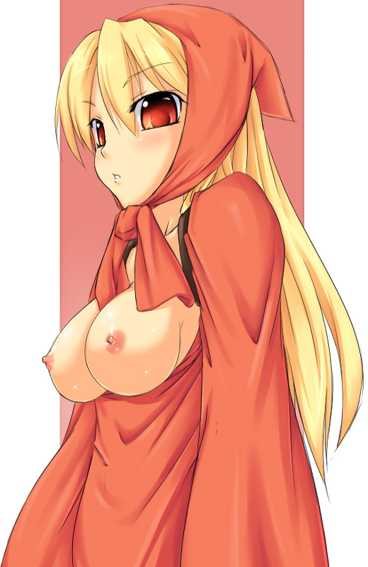 buresu, ninja (fft), final fantasy, final fantasy tactics, 1girl, blonde hair, breasts, female focus, large breasts, ninja, nipples, no bra, red eyes, simple background, solo, topless female