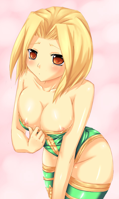 buresu, monk (fft), final fantasy, final fantasy tactics, square enix, 1girl, bare shoulders, blonde hair, blush, breasts, brown eyes, cleavage, female focus, leaning forward, nipple slip, nipples, puffy nipples, solo