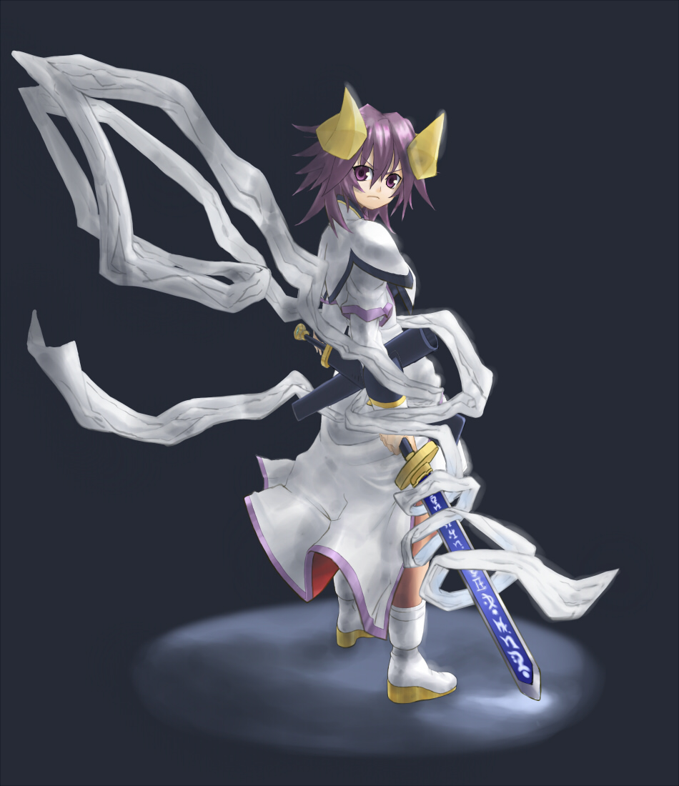 cuboon, shion (shinrabanshou), shinrabanshou, 1girl, female focus, horns, purple eyes, purple hair, solo, sword, weapon