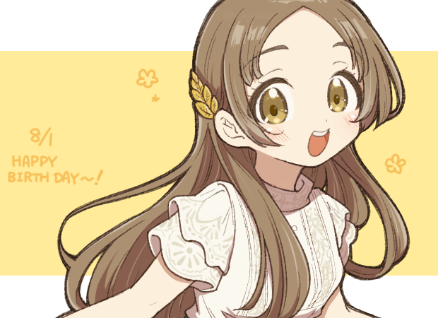 chiyo408, kuramoto china, gakuen idolmaster, idolmaster, commentary request, 1girl, breasts, brown eyes, brown hair, dated, english text, eyelashes, forehead, hair ornament, happy birthday, long hair, open mouth, parted bangs, shirt, short sleeves, small breasts, smile, solo, tareme, teeth, upper body, upper teeth only, very long hair, white shirt
