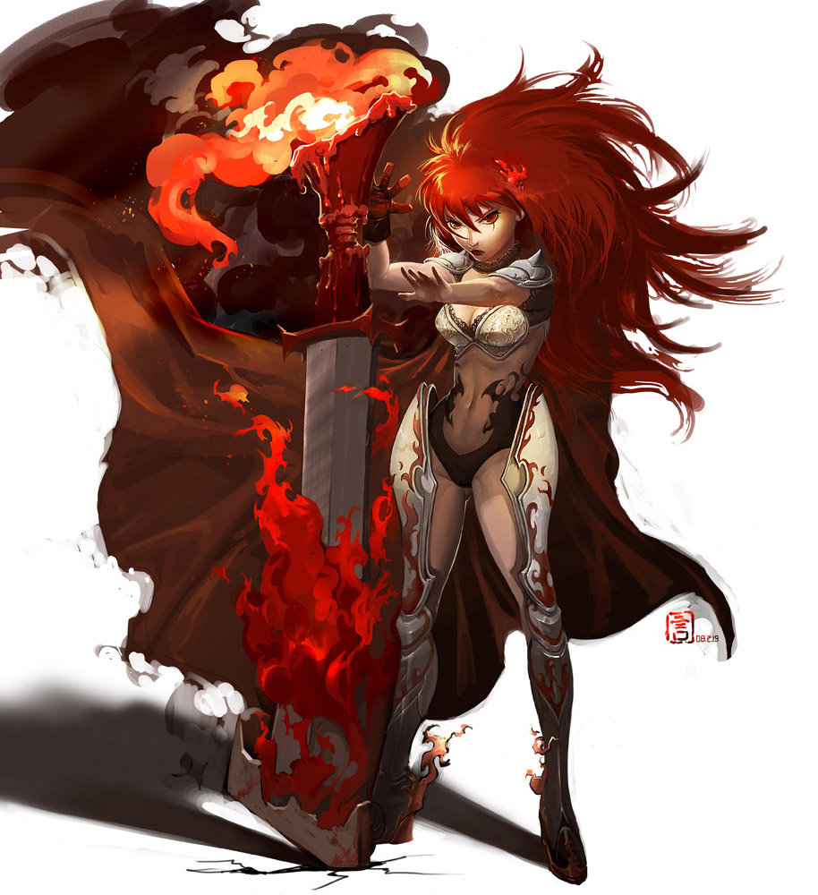 mugon, original, 1girl, armor, artistic error, breasts, cape, cleavage, female focus, fire, flaming sword, flaming weapon, huge weapon, long hair, medium breasts, no lineart, red eyes, red hair, solo, sword, thighhighs, weapon