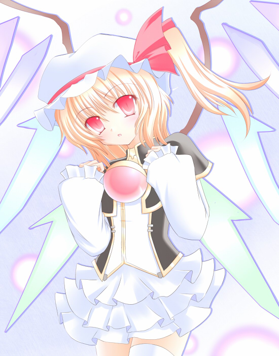 shirotsuki kouta, flandre scarlet, hime (orange juice), 100% orange juice, suguri, touhou, 1girl, cosplay, female focus, hat, head tilt, mob cap, solo, thighhighs, white hat, white thighhighs, wings