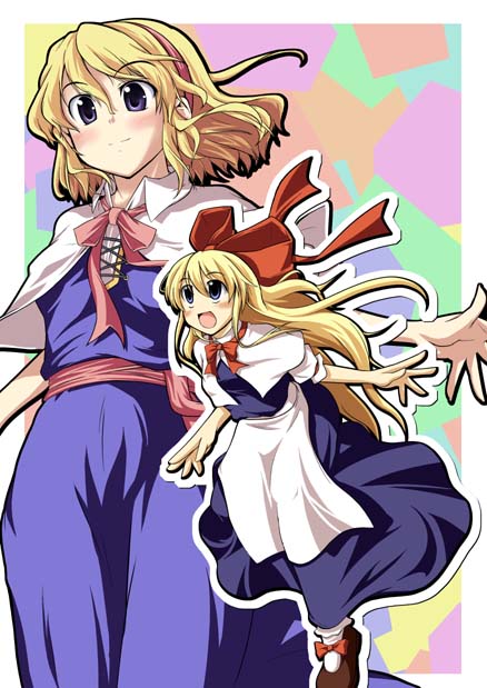 est (kinkyuu kaihi), alice margatroid, shanghai doll, touhou, 2girls, apron, blonde hair, blue eyes, blush, bow, capelet, doll, dress, female focus, hair bow, hairband, long hair, long skirt, multiple girls, sash, short hair, skirt, smile, waist apron