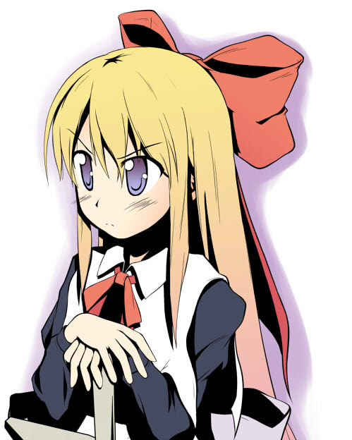 est (kinkyuu kaihi), shanghai doll, touhou, 1girl, blonde hair, blue eyes, bow, female focus, hair ribbon, lance, long hair, long sleeves, polearm, ribbon, simple background, solo, weapon