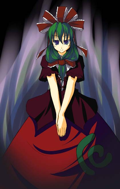 est (kinkyuu kaihi), kagiyama hina, touhou, 1girl, blue eyes, female focus, front ponytail, green hair, hair ribbon, long hair, long skirt, red skirt, ribbon, skirt, solo, v arms