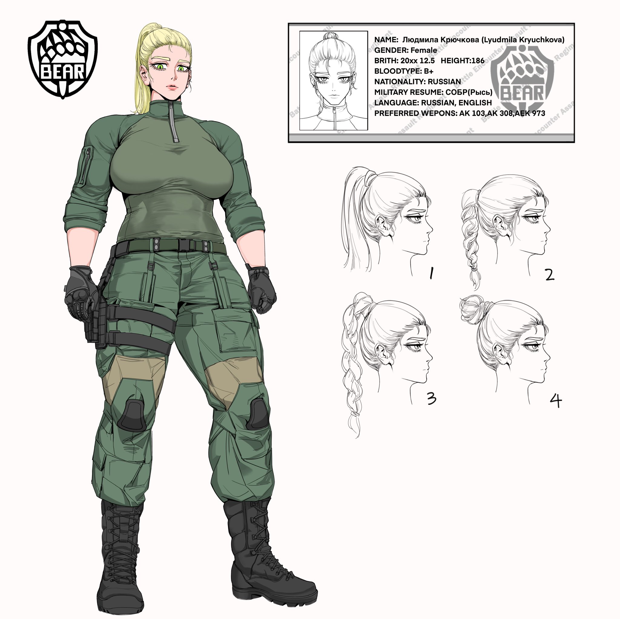 original, commentary, highres, 1girl, belt, black boots, black gloves, blonde hair, blood type, boots, braid, braided ponytail, breasts, character name, character profile, from side, full body, geronimo (ferrogeronimo), gloves, green eyes, green pants, green shirt, hair bun, head only, height, high braided ponytail, knee pads, lace-up boots, large breasts, long hair, lyudmila kryuchkova (geronimo), military combat uniform, military uniform, multiple views, pants, ponytail, profile, russian text, shirt, shirt tucked in, simple background, single braid, single hair bun, standing, thigh strap, turtleneck, white background
