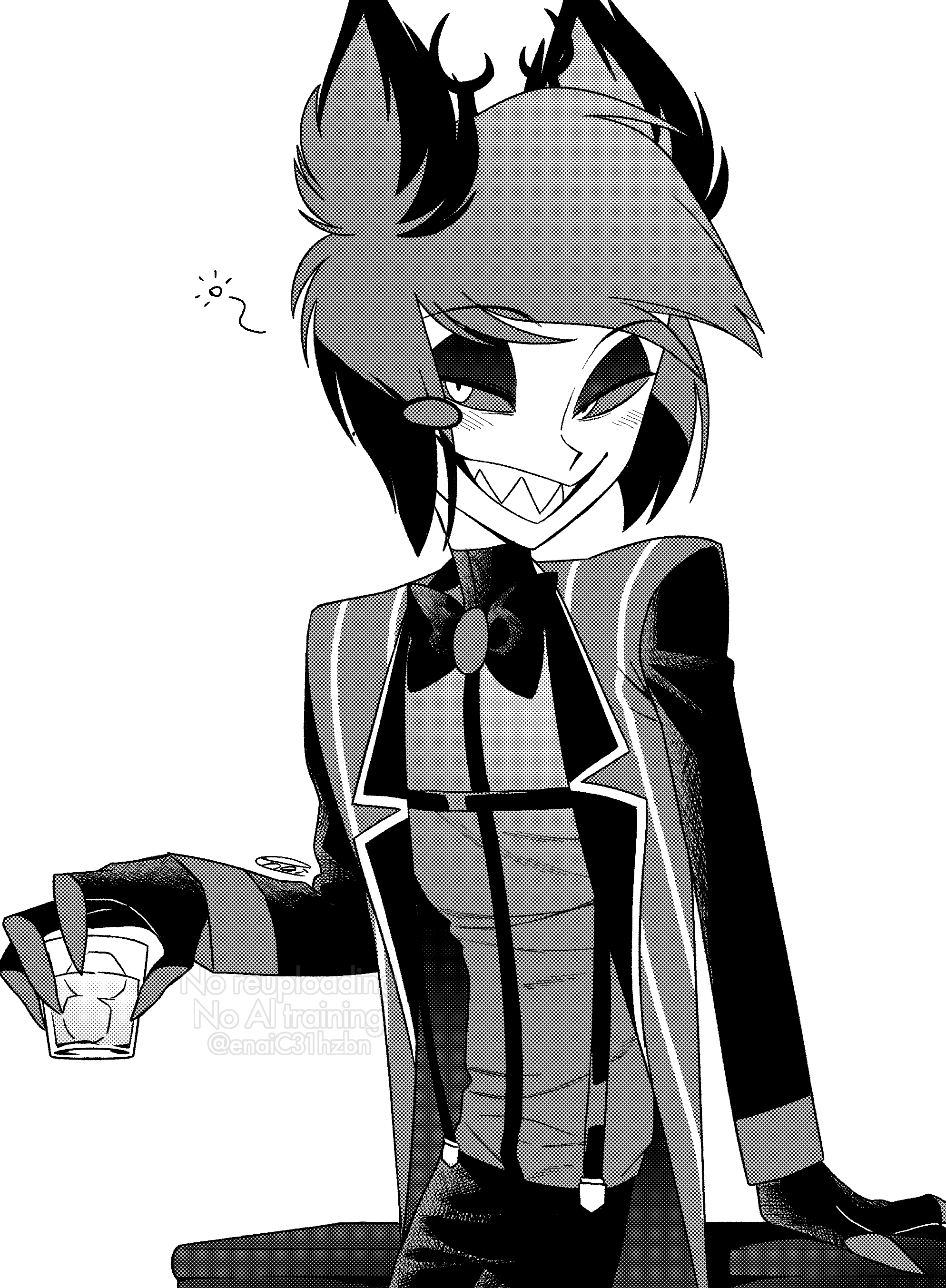 menma (enaic31), alastor (hazbin hotel), hazbin hotel, hellaverse, absurdres, commentary request, highres, 1boy, :d, alcohol, antlers, arm support, bob cut, bow, bowtie, coat, colored sclera, colored tips, cowboy shot, cup, deer antlers, eyeshadow, fewer digits, greyscale, grin, hair horns, halftone, high contrast, holding, holding cup, horns, inverted bob, lapels, long sleeves, looking at viewer, makeup, male focus, monochrome, monocle, multicolored hair, notched lapels, open clothes, open coat, open mouth, pants, sharp teeth, shirt, signature, simple background, smile, solo, squeans, standing, suspenders, swept bangs, teeth, traditional bowtie, watermark, white background