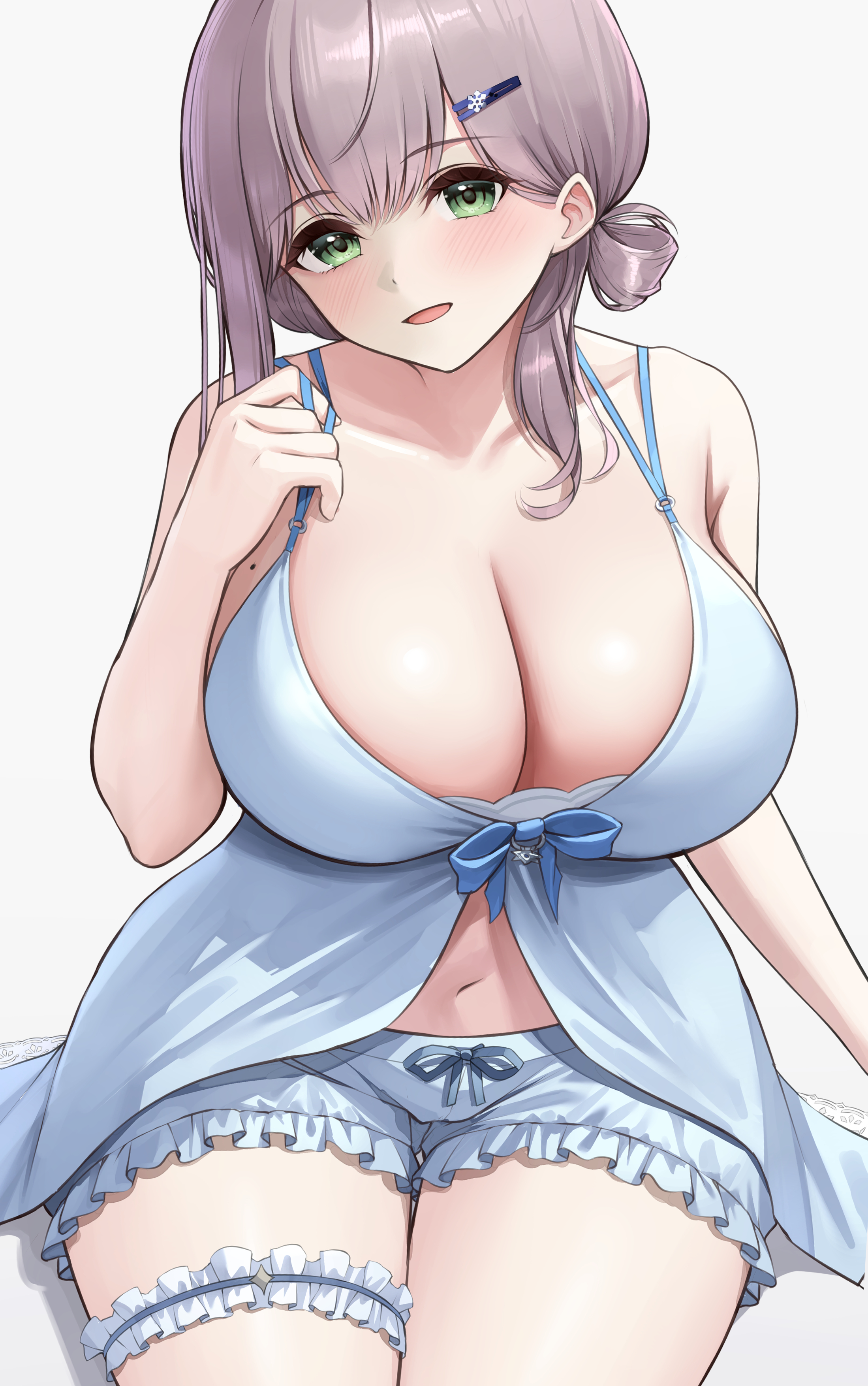 laimer, shirogane noel, shirogane noel (9th costume), hololive, absurdres, commentary request, highres, 1girl, armpit crease, babydoll, bare arms, blue babydoll, blue shorts, blush, breasts, cleavage, collarbone, frilled shorts, frilled thigh strap, frills, green eyes, grey hair, hair ornament, hair rings, hairclip, huge breasts, looking at viewer, loungewear, medium hair, mole, mole on breast, navel, official alternate costume, official alternate hairstyle, open mouth, short shorts, shorts, simple background, single hair ring, sitting, smile, solo, thigh strap, virtual youtuber, white background