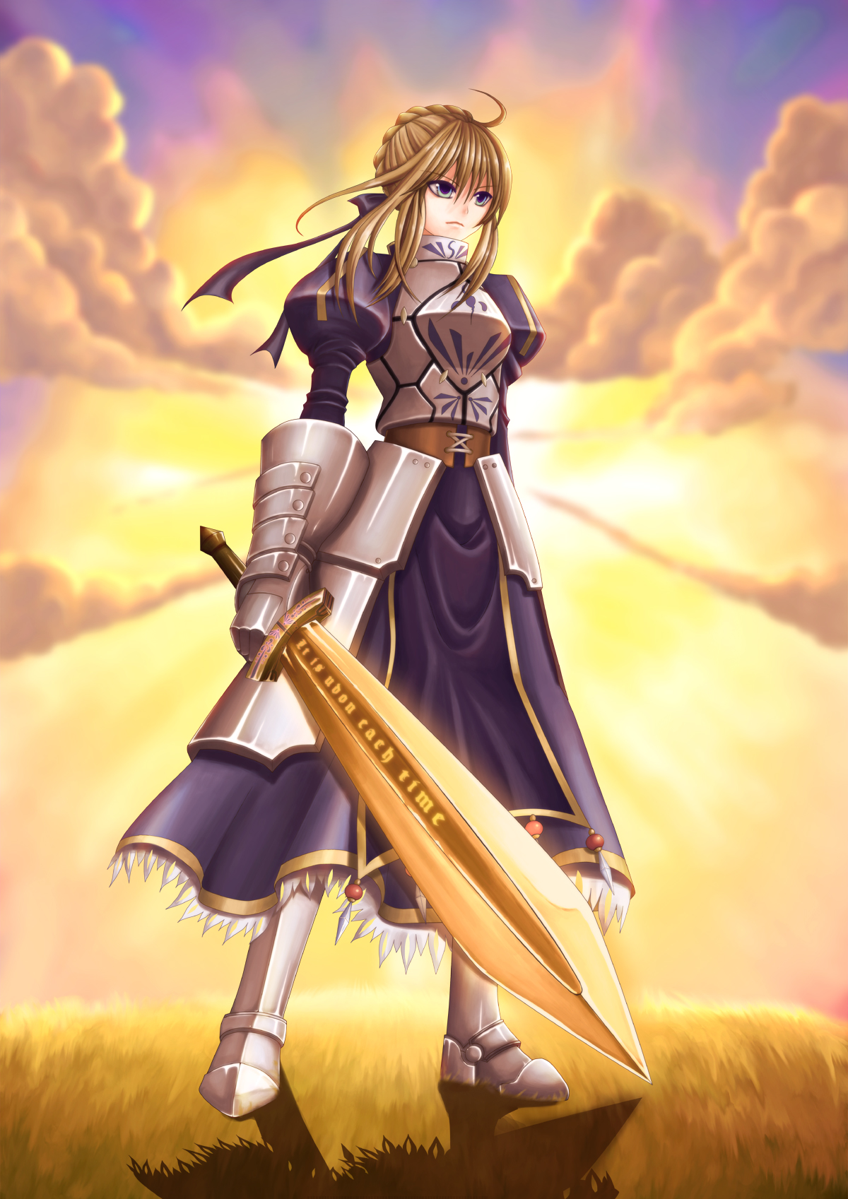 nonoko, yuuka nonoko, artoria pendragon (fate), saber (fate), fate/stay night, fate (series), bad id, bad pixiv id, highres, 00s, 1girl, ahoge, armor, blonde hair, blue eyes, female focus, hair ribbon, ribbon, solo, sword, weapon
