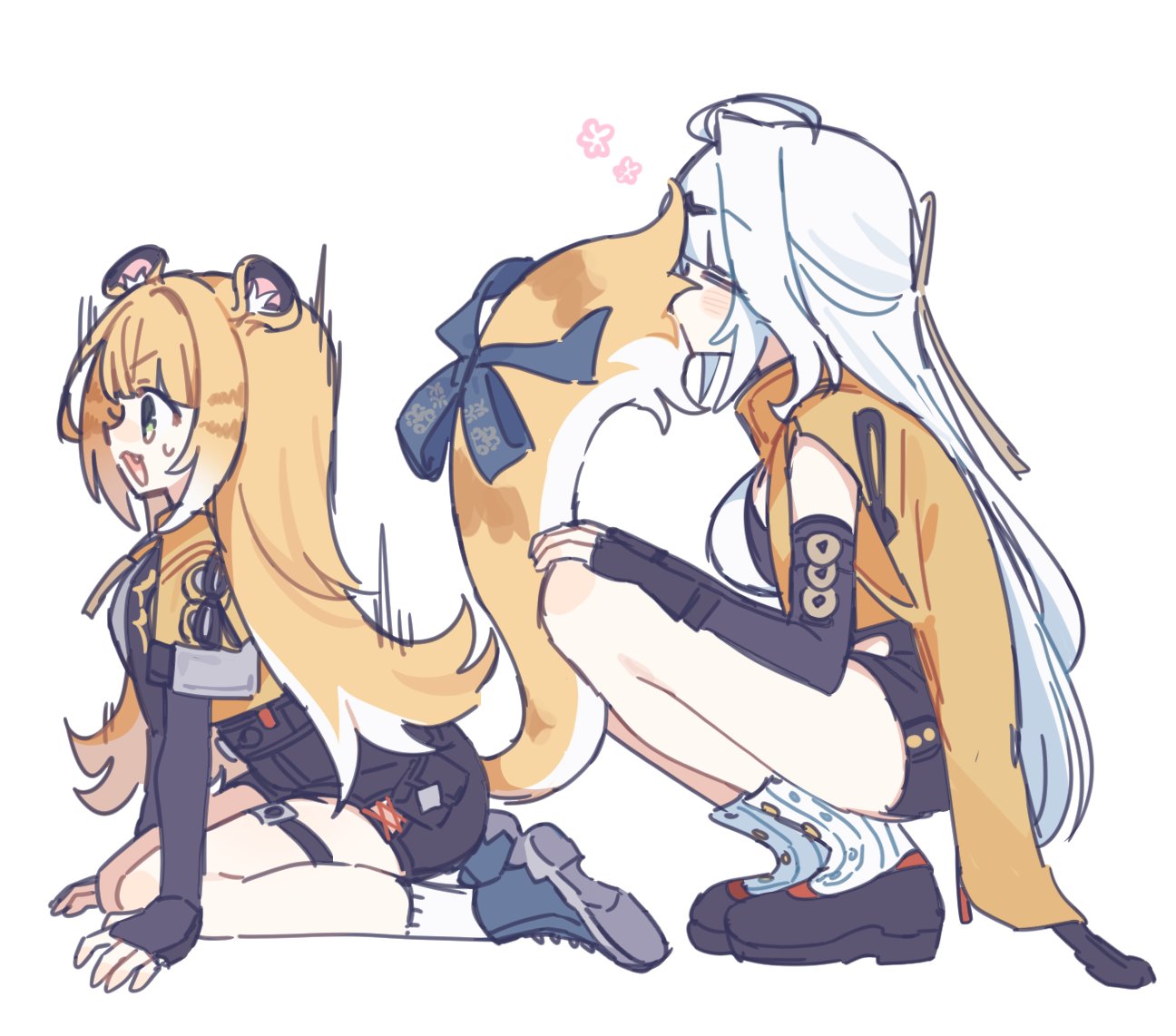 ayase (user ytjw3843), ju fufu, yixuan (zenless zone zero), zenless zone zero, 2girls, animal ears, hair ornament, hairpin, multiple girls, on ground, smelling, sweatdrop, tail, thigh strap, tiger, tiger ears, tiger tail, white background, white hair