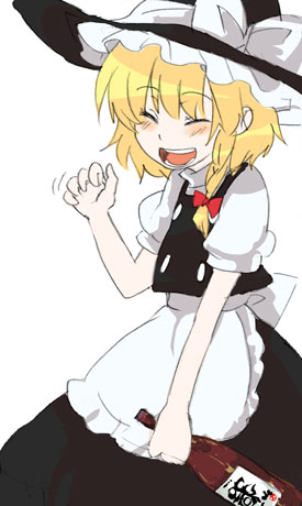 shikai (iesiki 56), kirisame marisa, touhou, lowres, 1girl, :d, ^ ^, apron, blonde hair, bottle, buttons, closed eyes, drunk, female focus, frills, hat, holding, open mouth, puffy short sleeves, puffy sleeves, sake bottle, shikai, short sleeves, smile, solo, upper body, waist apron, white background, witch hat