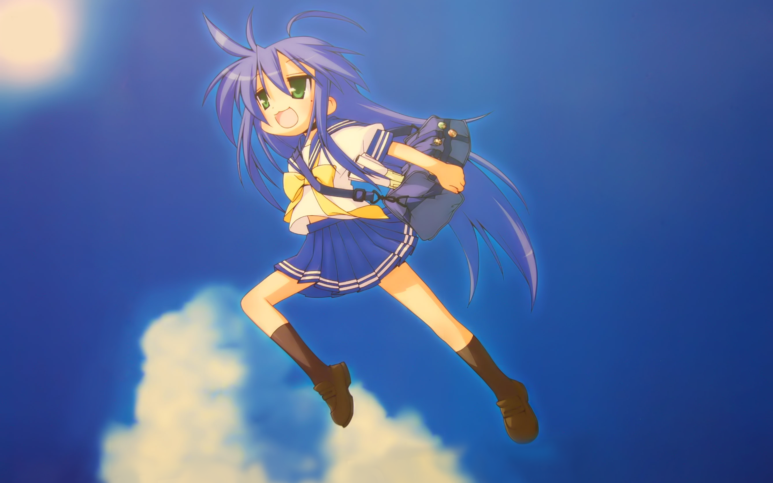 izumi konata, lucky star, toki wo kakeru shoujo, anime screenshot, highres, day, jumping, parody, school uniform, serafuku, sky, solo