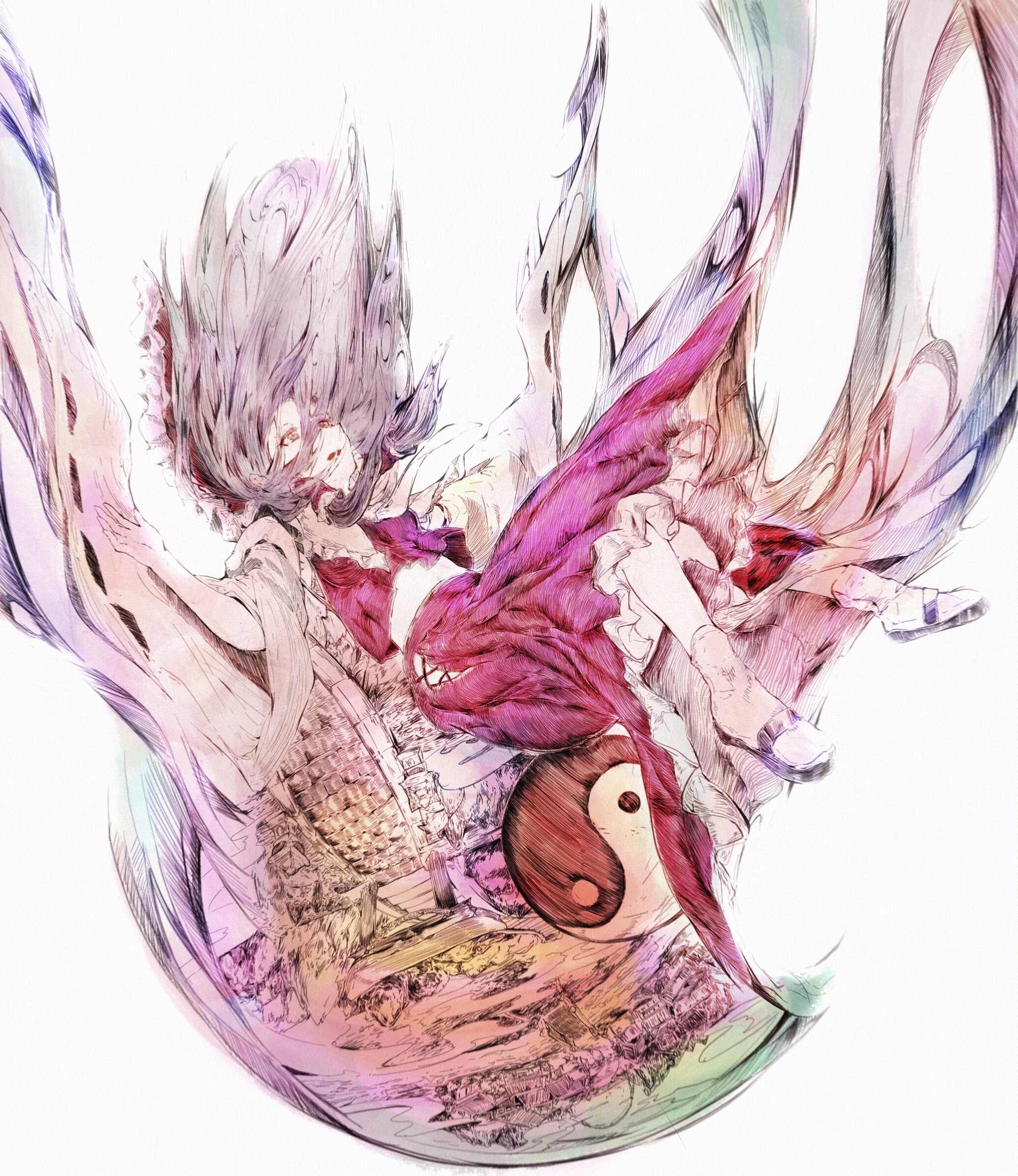 hakurei reimu, touhou, chinese commentary, commentary request, highres, 1girl, bow, brown eyes, brown hair, detached sleeves, elegiaswing, falling, frilled bow, frilled hair tubes, frills, hair bow, hair tubes, long hair, midriff peek, navel, orb, red bow, red skirt, skirt, skirt set, socks, solo, white socks, yin yang, yin yang orb