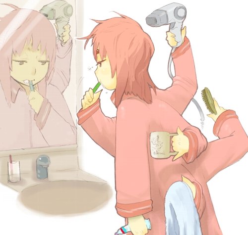 lowres, 1girl, arthropod girl, brushing teeth, drying hair, drying own hair, extra arms, female focus, hair brush, hair dryer, insect girl, monster girl, morning, multi limb, multitasking, mundane utility, pink hair, reflection, solo, spider girl, toothbrush