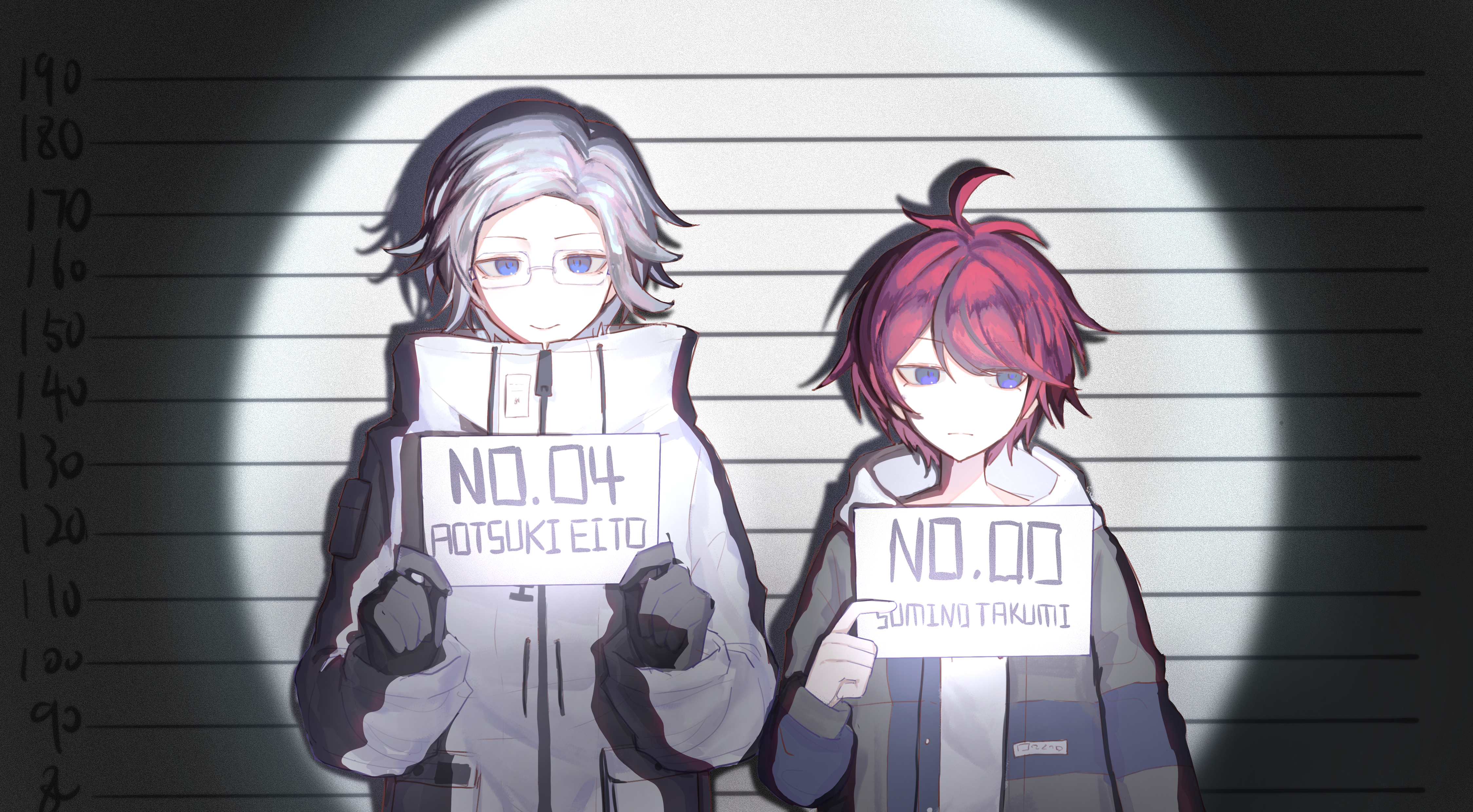 aotsuki eito, sumino takumi, the hundred line -last defense academy-, absurdres, chinese commentary, commentary request, highres, 2boys, ahoge, black gloves, black streaks, blue eyes, blue jacket, character name, glasses, gloves, grey hair, grey jacket, height chart, holding, holding sign, hood, hoodie, horizontal spotlight, jacket, jacket over hoodie, looking at viewer, looking to the side, male focus, mugshot, multicolored hair, multicolored jacket, multiple boys, red hair, short hair, sign, sinshaolair, smile, streaked hair, two-tone jacket, white hoodie, white jacket