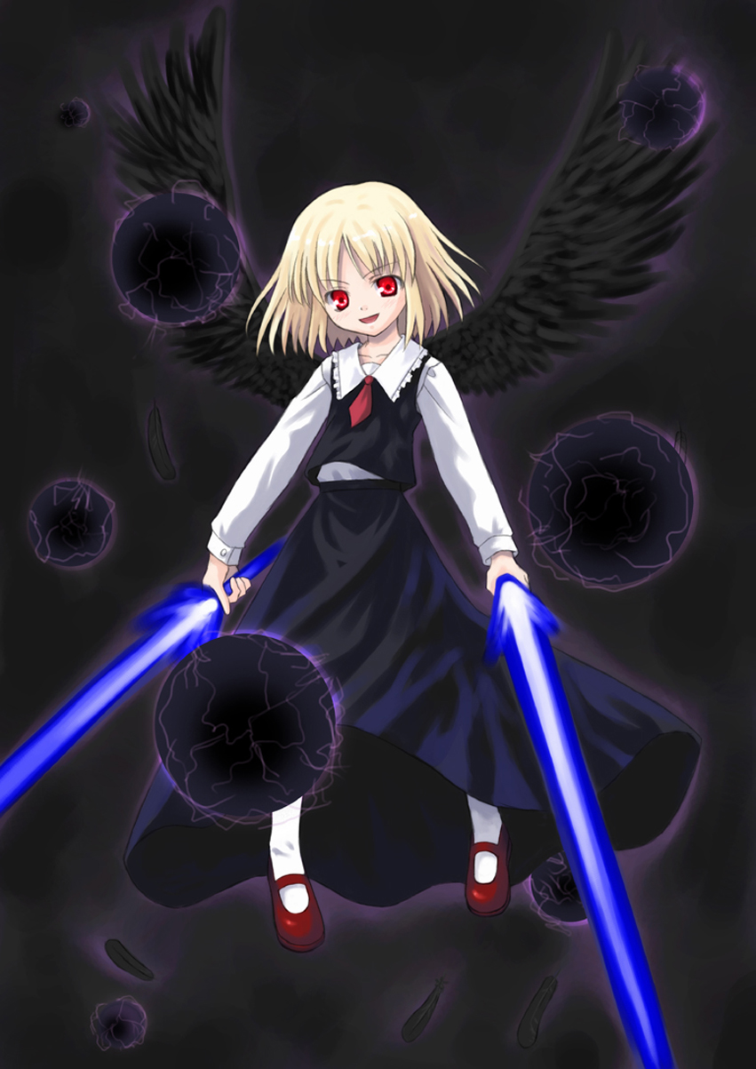kagura mizuki, ex-rumia, rumia, embodiment of scarlet devil, touhou, highres, 1girl, black background, black wings, blonde hair, darkness, dual wielding, energy sword, feathers, female focus, holding, necktie, pantyhose, red eyes, short hair, solo, sword, weapon, wings