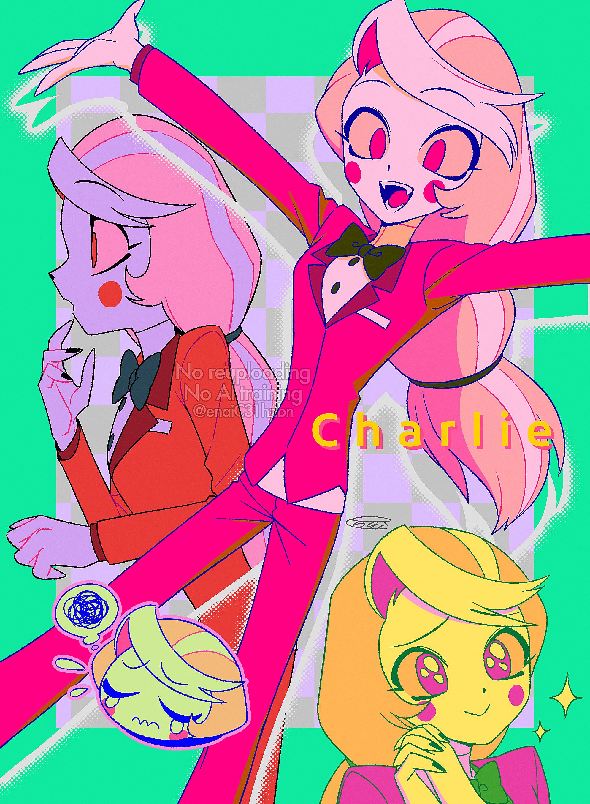 menma (enaic31), charlie morningstar, hazbin hotel, hellaverse, absurdres, commentary request, highres, 1girl, :d, o/, arms up, black bow, black bowtie, black nails, blonde hair, border, bow, bowtie, character name, checkered background, circle facial mark, colored sclera, colored skin, cowboy shot, fangs, feet out of frame, fewer digits, film grain, green border, grey background, halftone, halftone background, interlocked fingers, jacket, lapels, long hair, looking ahead, low-tied long hair, multiple views, nail polish, no pupils, notched lapels, open mouth, outline, outside border, outstretched arms, own hands clasped, own hands together, pants, pink outline, pleading eyes, portrait, profile, purple background, red eyes, red jacket, red pants, shirt, signature, simple background, smile, sparkle, speech bubble, squiggle, standing, swept bangs, tareme, teeth, thought bubble, tongue, traditional bowtie, two-tone background, very long hair, watermark, white shirt, white skin, yellow sclera