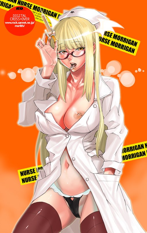 ohshima ryo, ooshima ryou, morrigan aensland, capcom, darkstalkers, 1girl, alternate color, alternate costume, bat wings, black panties, blonde hair, blunt bangs, breasts, brown thighhighs, buttons, cleavage, closed lab coat, demon girl, female focus, frilled panties, frills, glasses, hand in pocket, hat, head wings, heart, lab coat, large breasts, lipstick, long hair, makeup, mouth hold, naughty face, navel, nipple slip, nipples, no bra, nurse, nurse cap, open mouth, orange eyes, panties, red-framed eyewear, solo, standing, syringe, thighhighs, unbuttoned, underwear, very long hair, wings
