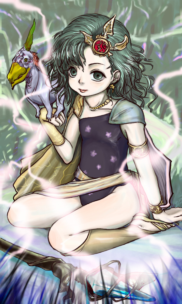 dice (kameian), rydia (ff4), rydia (young) (ff4), final fantasy, final fantasy iv, 1990s (style), 1girl, aged down, bridal gauntlets, child, female focus, green eyes, green hair, leotard, matching hair/eyes, retro artstyle, solo