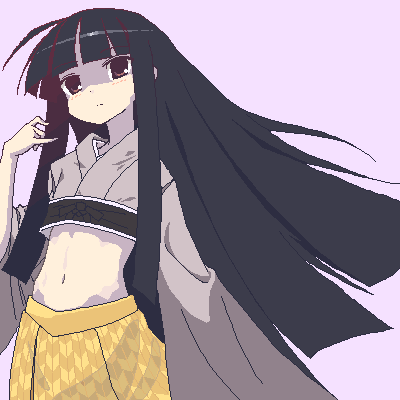 senpai to boku, lowres, 1girl, black hair, blunt bangs, brown eyes, crop top, female focus, flat chest, japanese clothes, long hair, midriff, navel, oekaki, solo, split mouth, yagasuri