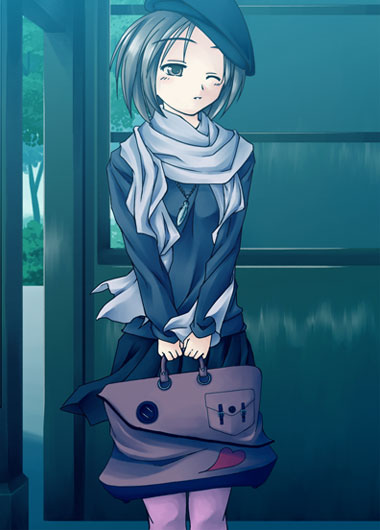 original, 1girl, beret, black skirt, brown eyes, brown hair, bus stop, coat, female focus, hat, holding, long sleeves, outdoors, scarf, short hair, sign, skirt, solo, standing, v arms