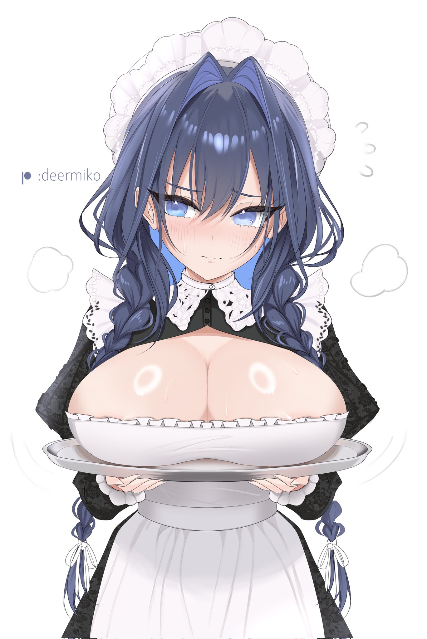 deermiko, ouro kronii, ouro kronii (maid), hololive, hololive english, commentary, english commentary, highres, paid reward available, 1girl, apron, averting eyes, black dress, blue eyes, blue hair, braid, breasts, breasts on tray, cleavage, cleavage cutout, closed mouth, clothing cutout, colored inner hair, dress, embroidery, flying sweatdrops, frilled apron, frilled hat, frills, hair intakes, hair over shoulder, hat, holding, holding tray, juliet sleeves, large breasts, long hair, long sleeves, low twin braids, maid, maid apron, mob cap, multicolored hair, official alternate costume, official alternate hairstyle, puffy sleeves, puritan collar, simple background, solo, straight-on, tray, twin braids, victorian maid, virtual youtuber, white apron, white background, white hat