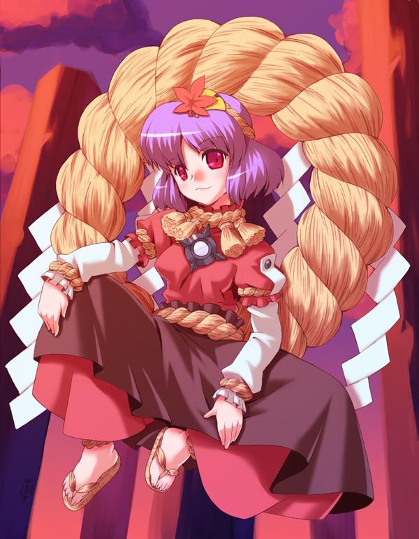yukimura tsubame, yasaka kanako, touhou, 1girl, female focus, hair ornament, leaf hair ornament, rope, shimenawa, solo