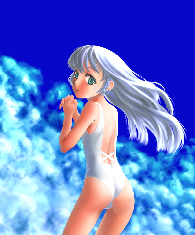 oyamada musshu, original, 1girl, back, blue hair, casual one-piece swimsuit, female focus, green eyes, interlocked fingers, looking back, one-piece swimsuit, own hands clasped, own hands together, solo, swimsuit