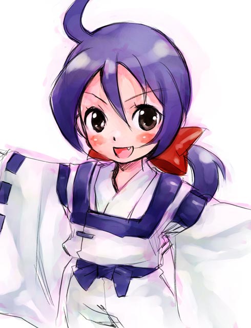nakamura kanko, ichijou akari, bakumatsu rouman, snk, eyebrows, 1girl, ahoge, blue hair, blush, fang, female focus, green eyes, japanese clothes, kimono, long hair, long sleeves, looking at viewer, outstretched arms, simple background, solo, upper body, white background, wide sleeves